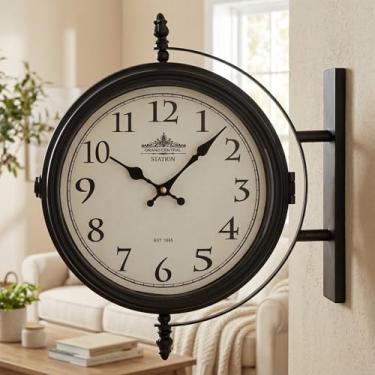 Imagem de Relógio de parede frente e verso Grand Central Station - moldura de ferro preto, mostrador creme, movimento de quartzo silencioso, estilo europeu vintage, ideal para sala de estar, quarto, decoração