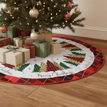 Imagem de Saia de árvore de Natal 90 cm, árvores coloridas e padrões xadrez, tapete de árvore de férias de inverno, decoração de festa para casa, ambientes internos e externos