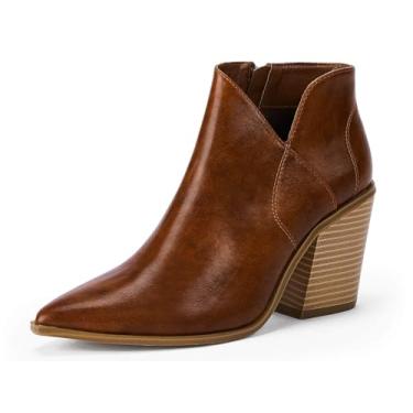 Imagem de Bota feminina de cano curto, bico fino, salto grosso, recorte lateral, zíper lateral, 1 marrom, 39