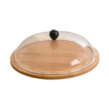 Imagem de Baoblaze Suporte de bambu para bolo, bandeja redonda com tampa transparente para servir biscoitos e aperitivos em casamentos, restaurantes e eventos, L