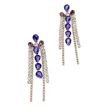 Imagem de Denifery Brincos femininos elegantes de casamento com várias lágrimas com borla e pingente de lustre longo para formatura e casamento (azul)