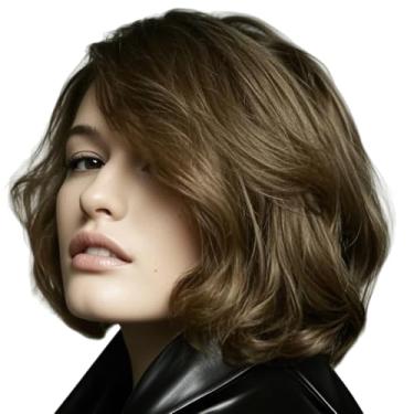 Imagem de Peruca Sintética Feminina Marrom Escuro Curto Curto com Franja - Destaques em Camadas Naturais de 30 cm, Boné Confortável de Malha Rosa, Fácil de Cuidar