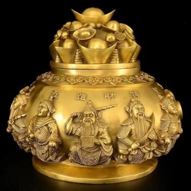 Imagem de FENNYYAR Enfeites de tigela de tesouro de cobre atraídos pela riqueza, cinco vias, Deus da riqueza, pote de tesouro, 13 cm, decoração de sala de estar e escritório