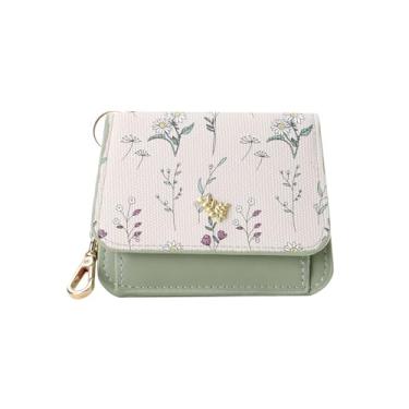 Imagem de Carteira pequena feminina com bloqueio de RFID, chaveiro fino, carteira de couro vegano floral com bolso com zíper e janela para identidade, Verde, 4.72 x 3.74 x 0.98 inches, Clássico