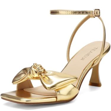 Imagem de TEAIEUI Sandálias femininas com salto de laço, bico quadrado, aberto, fivela no tornozelo, sapatos elegantes para casamento, noiva, formatura, festa, uso diário, Dourado, 35