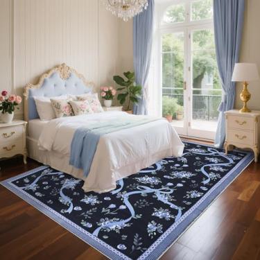 Imagem de GarveeHome Tapetes florais azuis para quarto de meninas, 22 x 30 cm, tapetes para sala de estar com pelo baixo macio, antiderrapante, fofo, lavável, 22 x 30 cm, para berçário, sala de jogos