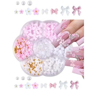 Imagem de Amuletos de arte de unhas de flor de laço, 7 grades/caixa rosa branco 3D lindos pingentes de unhas de flor e arco para mulheres com meia pérola branca decoração de arte de unha
