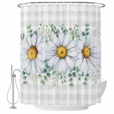 Imagem de Cortina de chuveiro floral margarida folhas de eucalipto cinza conjunto de cortinas de chuveiro xadrez de búfalo à prova d'água para banheiro decoração de banheira acessórios de casa 182 x 182 cm