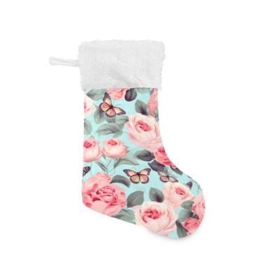 Imagem de ATTX Meias de Natal com flores rosa, suportes de presente brancos de pelúcia para decorações de festas de fim de ano (17,7 polegadas, pacote com 2) #78