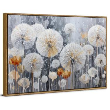 Imagem de Arte de parede de dente-de-leão emoldurada abstrata paisagem de flores silvestres imagem para sala de estar impressões em tela botânica floral rústica, pintura de flor de dente-de-leão branco, casa de