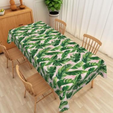 Imagem de SIEDYCV Toalha de mesa de folha de palmeira tropical, 152 x 250 cm, folhas de plantas verdes, retangular, rosa, reutilizável, capa de mesa de tecido de poliéster para cozinha, jantar, aniversário