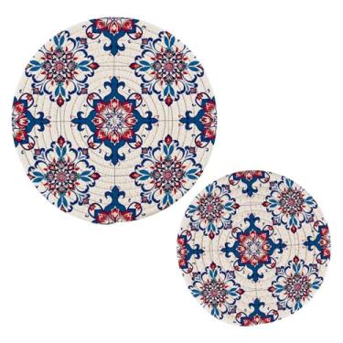 Imagem de Wassud Porta-copos redondos com padrão tradicional de azulejos de algodão, almofadas quentes, porta-copos elegantes, decoração de cozinha e acessórios, 2 peças