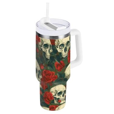 Imagem de SEHANY Copo de caveira e rosas de 1,18 l com alça, copo isolado de aço inoxidável a vácuo de parede dupla, à prova de vazamento, caneca de café isolada para viagem cabe no suporte de copo de carro