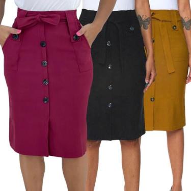 Imagem de Kit 3 Saias Midi Babado Moda Evangélica Com Botões e Bolsos - Look Mod