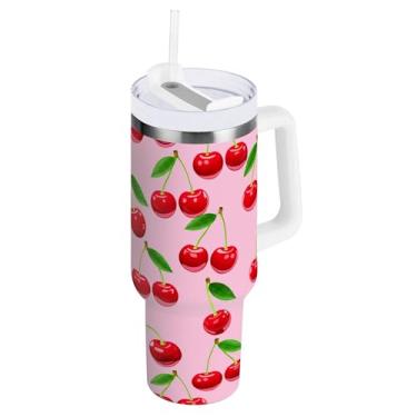 Imagem de SEHANY Copo de cereja fofo de 1,134 g com alça, copo isolado de aço inoxidável de parede dupla, à prova de vazamento, caneca de café isolada para viagem, cabe no suporte de copo de carro