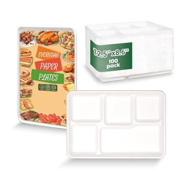 Imagem de ZOES HOMEWARE 5 pratos de compartimento descartáveis, pacote com 100, 32 x 21,8 cm, pratos de papel descartáveis 100% compostáveis com divisórias para almoço escolar, festa, buffet, piquenique