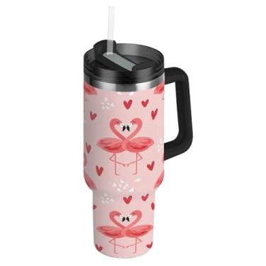 Imagem de ATTX Copo de flamingos rosa de 1,134 g Dia dos Namorados com alça, copo de aço inoxidável a vácuo de parede dupla com palha, caneca de café de viagem isolada #341