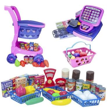 Imagem de Kit Mercadinho Rosa Menina Comidinhas Registradora 71pç - CLICKCOMPRAS