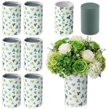Imagem de Remerry Conjunto de 6 vasos de trevo do dia de São Patrício, mesa de centro de mesa, trevo redondo, caixa de flores com papel removível de espuma e folhas de trevo verde, vaso para suporte de