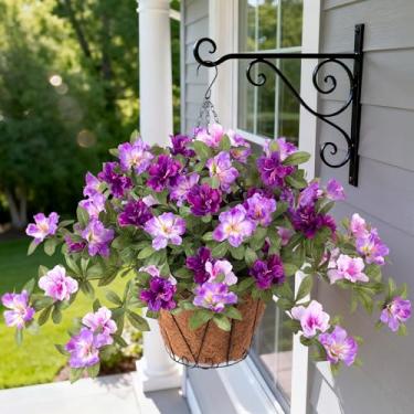 Imagem de Ammyoo Flores artificiais para pendurar ao ar livre, 3 peças de flores de seda falsa com cestos pendurados para primavera, verão, jardim, varanda, pátio, quintal, decoração externa