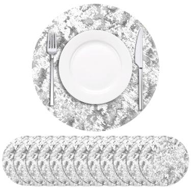 Imagem de Soleebee Pacote com 24 jogos americanos descartáveis, tapetes de mesa redondos finos de folha prateada de 33 cm, jogo americano de mesa para casamento, festa de aniversário, mesa de jantar, decoração