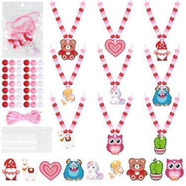 Imagem de 28 Sets Valentine Crafts for Kids- Valentine Necklaces for Kids- Valentines Day Necklaces Bulk with Red Pink White Pony Beads 28 pendants- DIY Beaded Necklace Craft Kits- Valentines for Kid Classroom