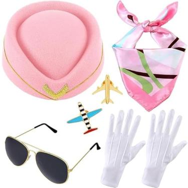 Imagem de NANXJIUR 5 peças de acessórios de fantasia de comissária de bordo de Natal, roupas de aeromoça, chapéu de sino, cachecol e luvas de óculos de sol, Fantasia de voo - rosa, P