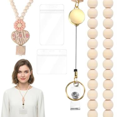 Imagem de KFHENSOMR Cordão de professor com suporte de identidade, cordões de contas de madeira para crachás de identificação, chaves retráteis, cordão de pescoço fofo, suporte elegante, porta-chaves com contas