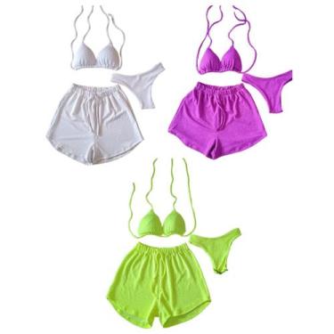 Imagem de Kit 3 Biquíni Com Short Malha Canelada Brilhante Premium - Praia - mod