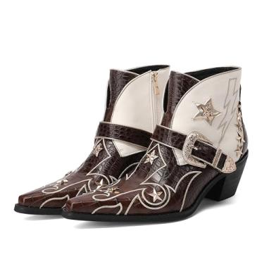 Imagem de Botas femininas ocidentais bordadas com estrelas cowgirl bico fino salto baixo com fivela de metal para festivais, shows e aventuras ao ar livre, Branco, marrom, 38