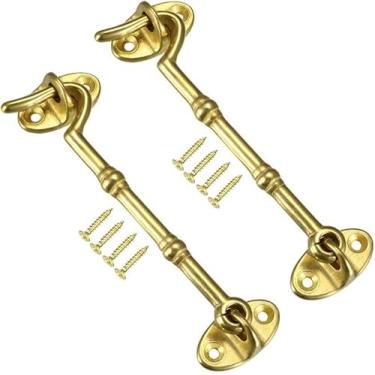 Imagem de Gancho e olhal trinco parafuso portão trava de gancho de portão, ganchos de cabine de 10,4 cm trava porta portão giratório janela gancho de latão com parafusos de montagem dourado 2 peças botão