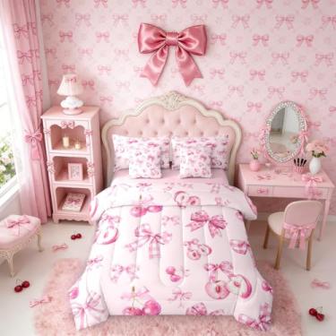 Imagem de Erosebridal Jogo de cama casal com laço rosa cereja rosa e laço rosa sonhador princesa com lençol kawaii para decoração de quarto de crianças, adolescentes e mulheres, conjunto de cama com laço fofo