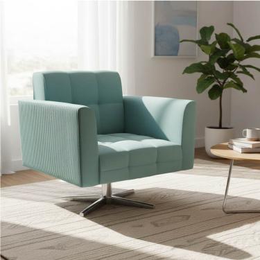 Imagem de Poltrona Sala Decorativa Elisa Base Giratória Cromada Cotelê Ext/Veludo Menta D03 - D'Rossi