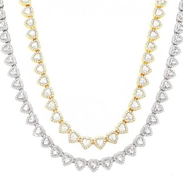 Imagem de fasone Colar de corações de strass, joias de corações gelados, colar de tênis de prata para mulheres, colar de tênis de coração, Universal size, Zinco, Sem Pedra Preciosa