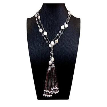 Imagem de DWBPGVUN Colar de corrente de rosário banhado a ouro com moedas brancas cultivadas e pérolas