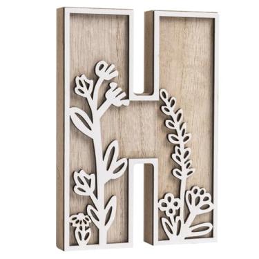 Imagem de caiydramy Letras de madeira florais pintáveis em camadas 3D para decoração de parede, letras do alfabeto de 12,4 cm para artesanato, letra H, decoração de mesa, placa de nome de berçário boho