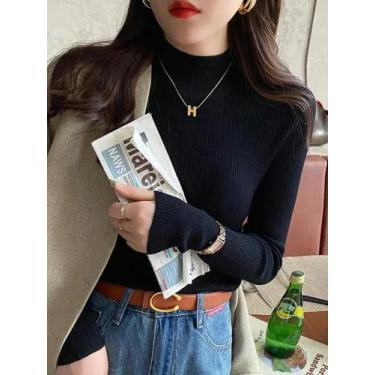 Imagem de Suéter Feminino Slim Fit De Tricô Para Outono Inverno Com Gola Alta Vi