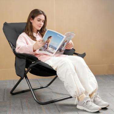 Imagem de rona dobrável com braços: Poltrona de lazer estofada confortável portátil, com bolsa lateral e estrutura de metal resistente para sala de estar e varanda (Cor Bege Claro)