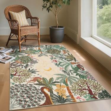 Imagem de GarveeHome Tapete lavável de 7 x 12 cm para quarto, animal da selva, tapete macio de tigre antiderrapante, tapete bege resistente a manchas para cabeceira, quarto de crianças, escritório, sala de