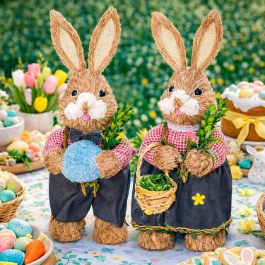 Imagem de Casal Coelho Decoração Enfeite Páscoa Palha Artesanal 55cm