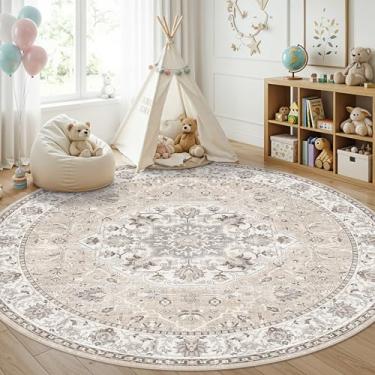 Imagem de Tapete de área redondo lavável de 2,4 m - tapete macio oriental antiderrapante para sala de estar, tapete resistente a manchas para quarto, sala de jantar, casa de fazenda, desgastado, fino, decoração