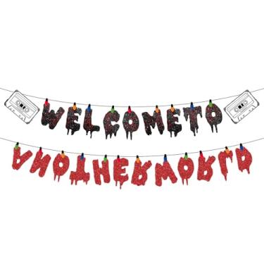 Imagem de Banner Welcome to Another World, Tema Assustador Luzes Coloridas Padrões de Rádio Artigos para Festa com Tema de Mundo Invertido para Decoração Paredes e Fotos
