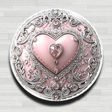 Imagem de Placa de parede redonda de metal de alumínio rústico vintage com coração rosa, 20 cm, presentes e decoração para casa, escritório, café e quintal