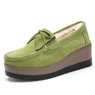 Imagem de Sapatos esportivos femininos de camurça, de camurça, em forma de cunha, moderno, sola grossa, arqueado, casual, mocassim de veludo, borla com laço, plataforma, sapatos casuais, Verde, 38