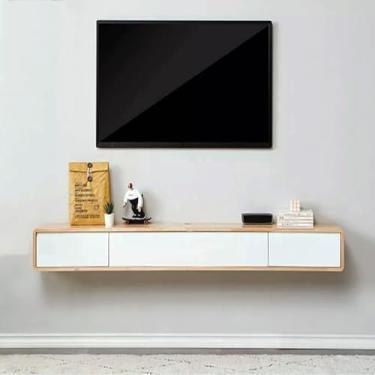 Imagem de Prateleira flutuante para TV - Centro de entretenimento montado na parede de madeira maciça com gavetas, console de mídia de fazenda para sala de estar, armário de TV flutuante decorativo