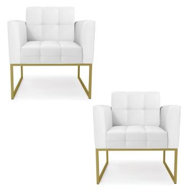 Imagem de Kit 2 Poltronas Elisa Corino Base Metálica Industrial Dourado - D'rossi Cor Branco