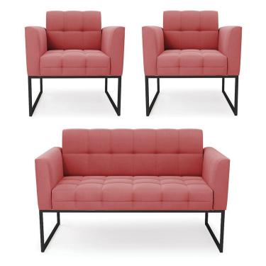 Imagem de Kit 1 Sofá Namoradeira E 2 Poltronas Elisa Suede Base Metálica Industrial Preto - D'rossi Cor Rose