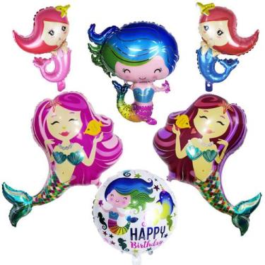 Imagem de Kit de balões Mylar Mermaids 6 peças de 45 x 40 cm a 90 x 58 cm para f