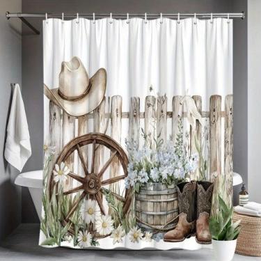 Imagem de Cortina de chuveiro rústica Western Wagon Wheel & Boots 180x180cm - yi