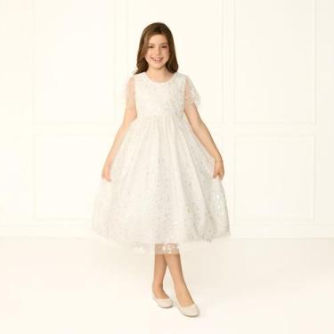 Imagem de Vestido Infantil Estampa Borboletinha OffWhite Véu Rodado Casamento Fe